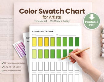マーカーと水彩絵具用のカラー見本チャート（印刷可能なPDF）、カラー追跡シート（126色）、アーティスト用見本テンプレート（A4、A5、USレターサイズ）