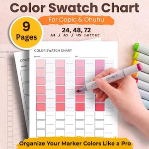 Può includere: Tabella di campioni di colore per pennarelli Copic & Ohuhu. La tabella include 9 pagine ed è disponibile in set da 24, 48 e 72 colori. La tabella è disponibile nei formati A4, A5 e US Letter. È visibile anche il testo "Organizza i tuoi colori di pennarello come un professionista".