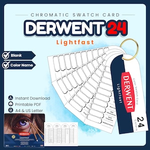 Può includere: Un set di cartelle colori cromatiche Derwent 24 Lightfast con modelli PDF stampabili per l'organizzazione dei colori. Il design include un'etichetta di copertina marchiata, spazi rettangolari vuoti per i test del colore e etichette di testo per i nomi dei colori.