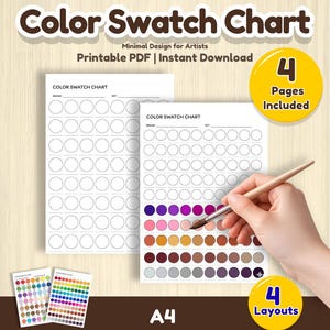 Color Swatch Chart | Watercolor Palette Template PDF | Marker Swatch Sheet | Art Supply Organizer | 4 Pages A4 Instant Download