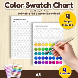 Color Swatch Chart | Watercolor Palette Template PDF | Marker Swatch Sheet | Art Supply Organizer | 4 Pages A4 Instant Download