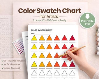 アーティスト向けカラー見本チャート（印刷可能なPDF）、水彩マーカーカラーチャートトラッカー、画材オーガナイザー、A4、A5、USレターサイズ