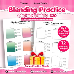 May include: A digital Blending Practice chart for Ohuhu Honolulu 320 markers with a Secret Garden theme. The document includes 12 blending recipes, blank practice pages, and pre-filled color codes. It is available as an instant download PDF.