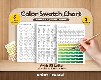 アーティスト向けカラー見本チャート（印刷可能）120色トラッカーテンプレート A4 USレターサイズ ペイントカラー混合シート PDF