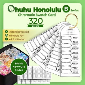 May include: Ohuhu Honolulu B Series Chromatic Swatch Card featuring 320 colors on white paper sheets held by a gold metal ring. The cards display color codes and names like Mustard, Light Gold, and Faded Violet. Includes a black marker case.