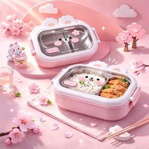 May include: Two pink and white bento boxes with a cartoon bear design. The stainless steel containers have a clear lid with the text "Lunch Time!" and "Warm & good meal!" The boxes are filled with rice and fried food. Pink cherry blossoms and a bunny figurine are in the background.
