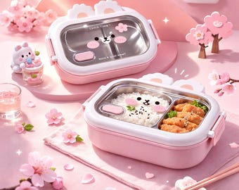 Portapranzo Kawaii Bento | Simpatico portapranzo rosa per bambini e adulti | Contenitore a tenuta stagna | Adatto al microonde | Paglia di grano ecologica | Stile giapponese