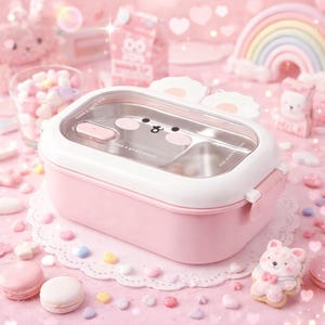 May include: A pink and white bento box with a cartoon bunny face on the lid. The box has a stainless steel interior and a clear top. The box is surrounded by pink candies, a rainbow, and a teddy bear cookie.