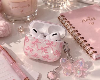 Pink Bow AirPods Case with Butterfly Charm | Cute AirPods Cover | Kawaii AirPods Case | Girly AirPods Holder | AirPods 1 2 3 4 Pro Pro2 Case