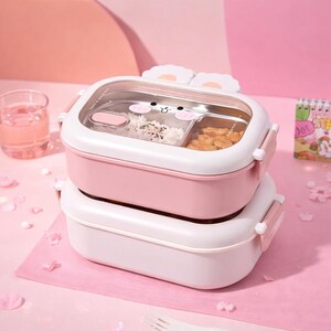 May include: A two-tiered pink and white lunch box with a cartoon bunny face on the lid. The top tier has a clear compartment with rice and nuts. The lunch box has pink latches and bunny ear accents. A glass of pink liquid and a small calendar are in the background.