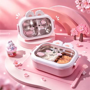 May include: Pink and white bento box with a stainless steel interior, featuring a cartoon pig design. The lunchbox has a divided compartment and is decorated with flower accents. A small bunny figurine and pink flowers are also in the image.
