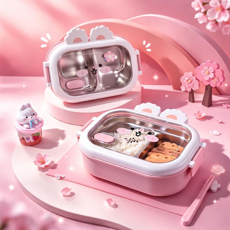 May include: Pink and white bento box with a stainless steel interior, featuring a cartoon pig design. The lunchbox has a divided compartment and is decorated with flower accents. A small bunny figurine and pink flowers are also in the image.