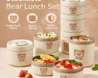 Set portapranzo con orsetto carino | Contenitore termico per alimenti | Bento box impilabile | Barattolo per il pranzo in acciaio inossidabile | Portapranzo Kawaii | Thermos per alimenti per bambini