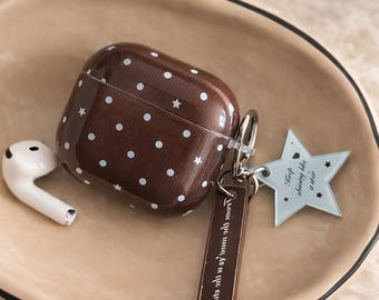 Brown AirPods Case with White Polka Dots | AirPods Case with Star Keychain | AirPods Pro 2 3 4 Case | Cute and Aesthetic Protective Gift for Women