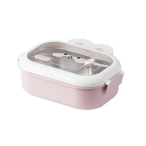 May include: A pink and white lunch box with a clear lid. The lid features a cartoon face and white bunny ears. The lunch box has a stainless steel interior and a pink base. The lid has a latch closure.