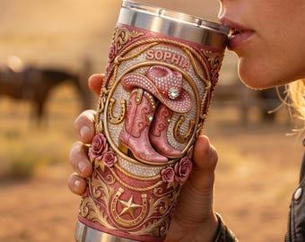Personalisierte Cowgirl Becher, rosa Stiefel Cowboyhut Reisebecher