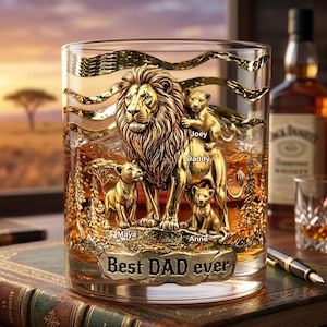 Gepersonaliseerd whiskyglas Lion Family, gravure "Beste DAD ooit", uniek Vaderdagcadeau, 11oz glaswerk, cadeau nieuwe vader, cadeau leeuwenfamilie