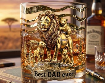 "Personalisiertes Löwenfamilie-Whiskyglas, ""Bester DAD aller Zeiten"" Gravur, einzigartiges Vatertagsgeschenk, 11 Unze Glaswaren, neuer Vatergeschenk, Löwefamilie Geschenk."