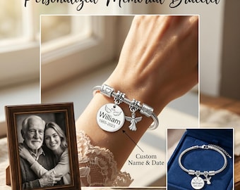 Personalized Memorial Bracelet, Stainless Steel Angel Wing Charm, Custom Name Date Jewelry