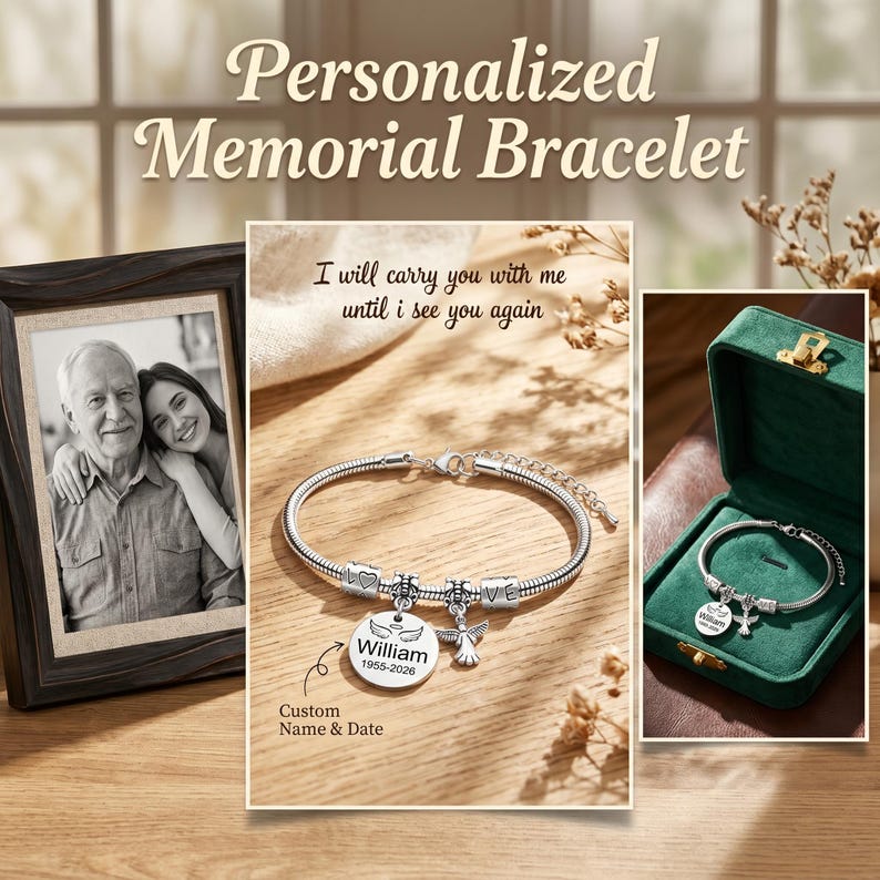 K&ouml;nnte beinhalten: Personalisierte Gedenkarmband mit einer silbernen Kette und einem runden Anh&auml;nger mit eingraviertem Namen und Daten. Das Armband enth&auml;lt einen Engelsanh&auml;nger und den Text "I will carry you with me until I see you again".