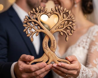 Personalized Couple Heart Tree Wooden Plaque, Custom Anniversary Gift for Wife Husband, Engraved Wedding Keepsake, Romantic Family Tree Sign