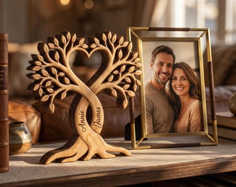 Personalisiertes Paar-Herzbaum-Holzblock, kundenspezifische Namen, Jahrestagsgeschenk für Frau-Mann, Hochzeitsdatum-Andenken, graviertes Holzschild