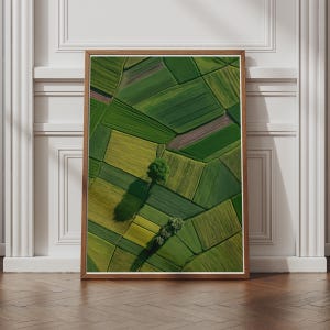 Op de afbeelding: Een ingelijste verticale wandkunstprint met een luchtfoto van een lappendekenlandschap van groene en gele landbouwvelden. Twee kleine, opvallende bomen staan in het midden en werpen lange schaduwen over het gestructureerde landbouwgrond.