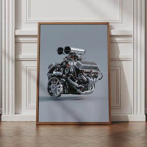 May include: A framed wall art print featuring a detailed illustration of a chrome V8 engine with a prominent dual-scoop supercharger, intricate exhaust headers, and a cooling fan, set against a solid light gray background.