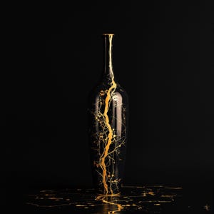 May include: A tall, slender black vase featuring a prominent, jagged vertical gold line that resembles a lightning bolt or crack, with delicate, branching gold splatter patterns extending outward across the smooth, glossy surface of the vessel.