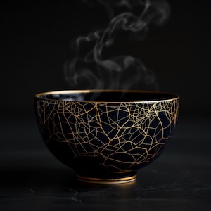 May include: A black ceramic bowl with a gold geometric pattern and gold trim. Steam rises from the bowl against a dark background. The bowl is likely used for serving soup or other hot dishes.