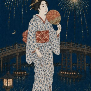 May include: A person wearing a blue and white patterned kimono with a red obi sash, holding a round fan. The scene features a dark night sky with gold fireworks, a crescent moon, a wooden bridge, boats with lanterns, and a stone lantern.