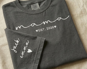 Custom Mother Embroidered Shirt, Comfort Colors® Mama Est Year Tees, Name On Sleeve With Heart