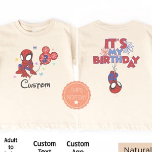 Natural color kids t-shirt with Spiderman birthday design, custom age 3 and name option on front, “It’s My Birthday” print on back