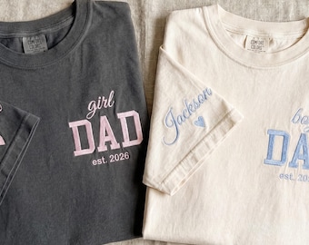 Custom Embroidered Dad Shirt, Boy Girl Dad Est Year Tees, Personalized Sleeve Name Shirt, New Dad Gift, Comfort Colors Tee