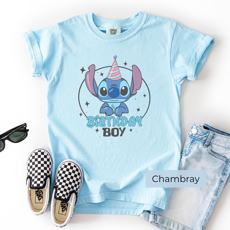 Stitch Birthday Boy Shirt Chambray Blue, Personalized Kids Birthday Tee Casual Outfit Flat Lay