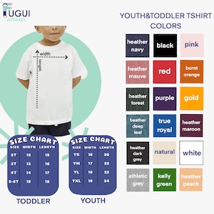 The image is a collage of two images: one showing a young child wearing a white t-shirt with a size chart, and the other showing a variety of youth and toddler t-shirt colors.