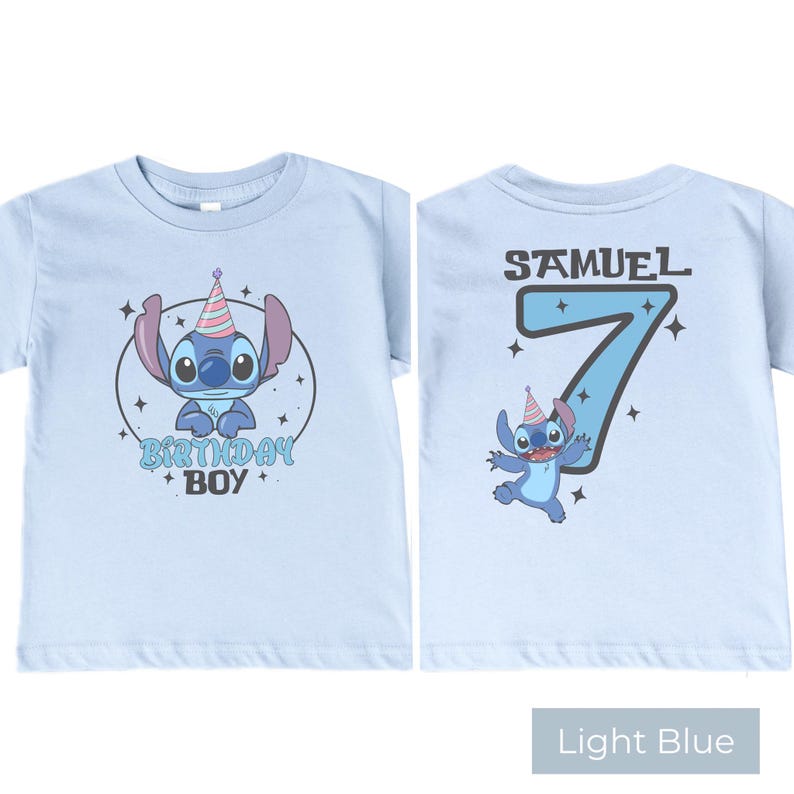 Custom Stitch Birthday Boy Shirt, Personalized Name Age Kids Tee, Light Blue Shirt Front and Back Design