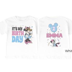 Custom Minnie Mouse birthday shirt white color, it's my birthday text front design, personalized name and age back print, toddler girl Disney birthday outfit