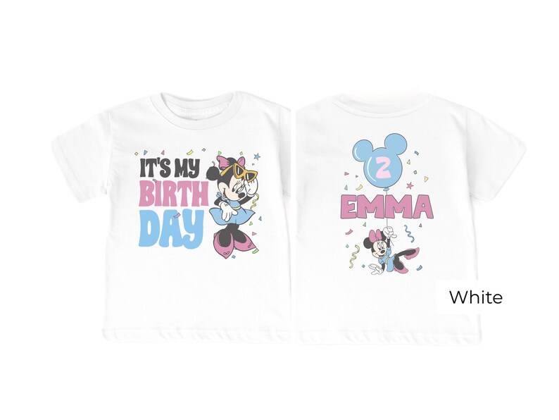 Custom Minnie Mouse birthday shirt white color, it's my birthday text front design, personalized name and age back print, toddler girl Disney birthday outfit