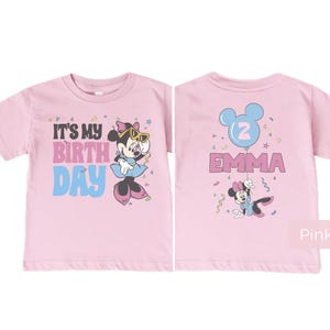 Custom Minnie Mouse birthday shirt pink color, personalized name and age back print, toddler girl Disney birthday outfit front and back view