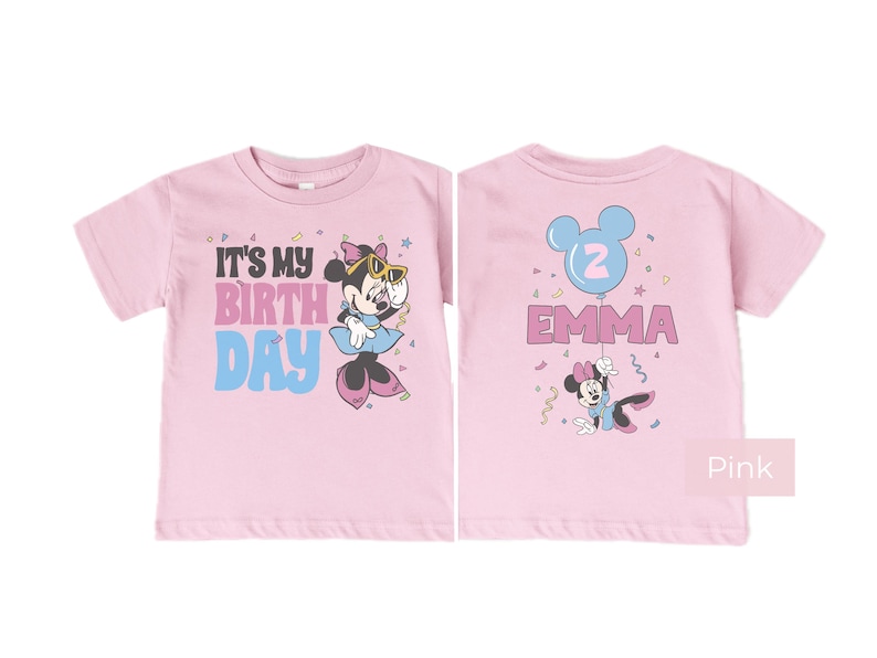 Custom Minnie Mouse birthday shirt pink color, personalized name and age back print, toddler girl Disney birthday outfit front and back view