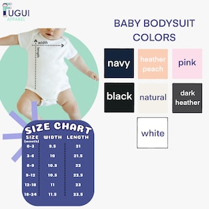 The image is a size chart for a baby's bodysuit, showing the different sizes available in navy, peach, pink, black, natural, and dark heather colors.