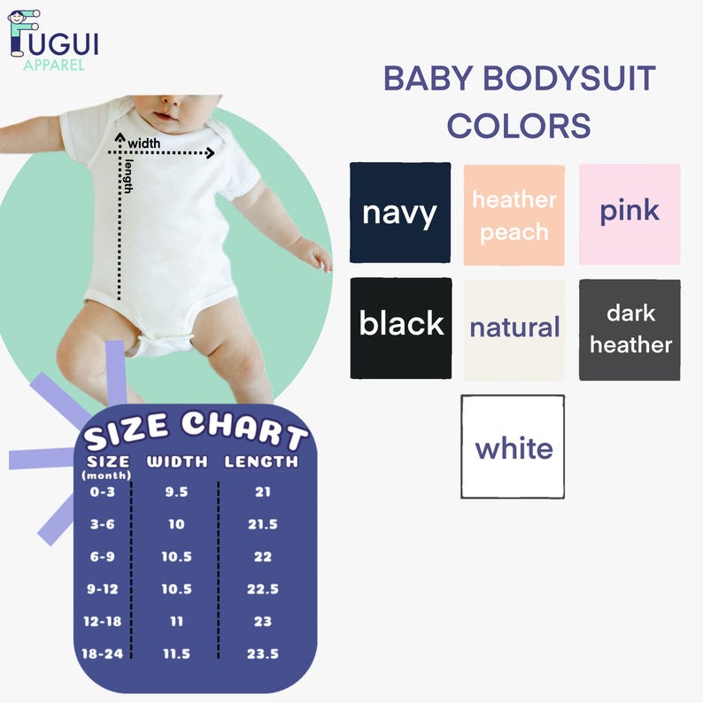 The image is a size chart for a baby's bodysuit, showing the different sizes available in navy, peach, pink, black, natural, and dark heather colors.