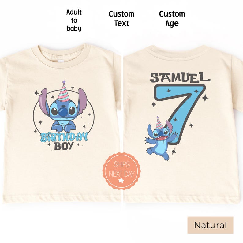 Custom Stitch Birthday Boy Shirt Natural Color, Personalized Kids Birthday Tee Adult to Baby Sizes Fast Shipping