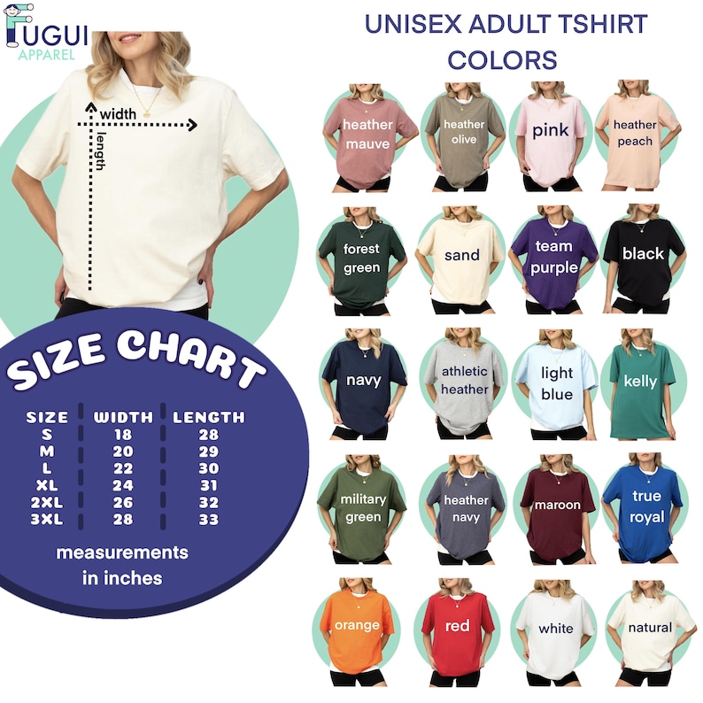 The image is a size chart for adult t-shirts, displaying various colors and styles along with their corresponding measurements.