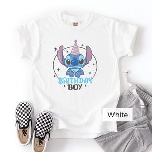 Stitch Birthday Boy Shirt White, Kids Birthday Outfit with Shorts and Sneakers Flat Lay