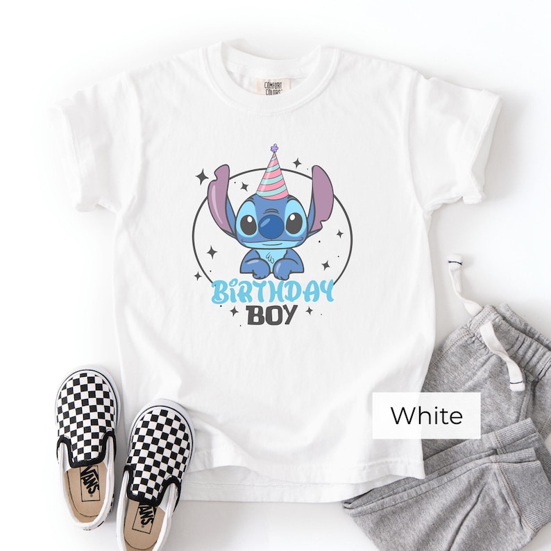 Stitch Birthday Boy Shirt White, Kids Birthday Outfit with Shorts and Sneakers Flat Lay