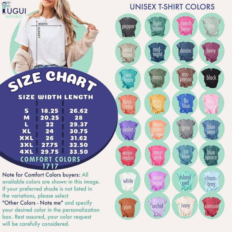 The image is a size chart for a collection of unisex t-shirt colors, providing the corresponding width and length measurements for each color.