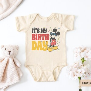 Custom Mickey Mouse baby bodysuit natural color, it's my birthday design, Disney birthday outfit for baby, soft cotton infant onesie with cartoon print