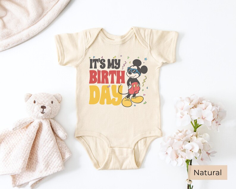 Custom Mickey Mouse baby bodysuit natural color, it's my birthday design, Disney birthday outfit for baby, soft cotton infant onesie with cartoon print